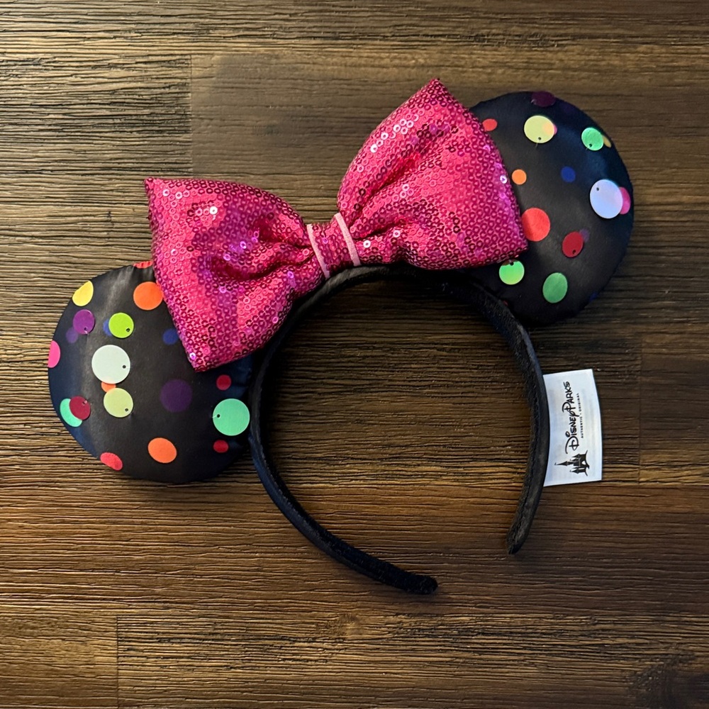 Disney Rock the Dots Black Ear Headband with Multi Polka Dots & Pink Sequin Bow